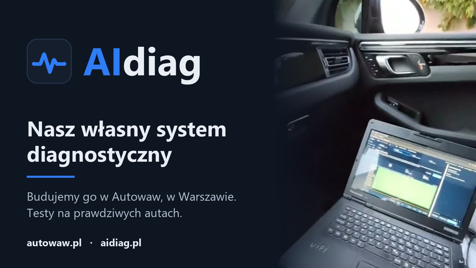 AIdiag, własny system diagnostyczny Autowaw: laptop z programem w samochodzie podczas testu w jeździe